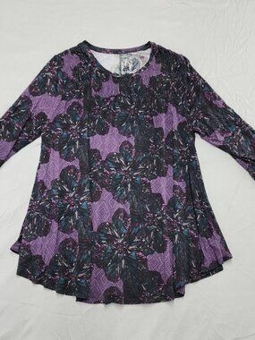 Lane Bryant Plus 18/20 Tunic Top Purple Floral 3/4 Sleeve Pleated Stretch Knit